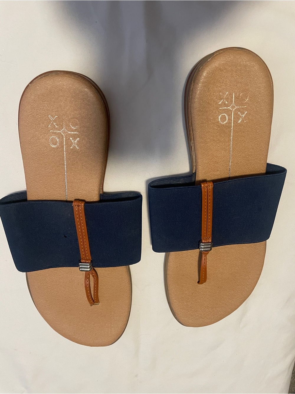 XOXO Navy and Tan Slide Sandals with Elastic Strap - Picture 1 of 2